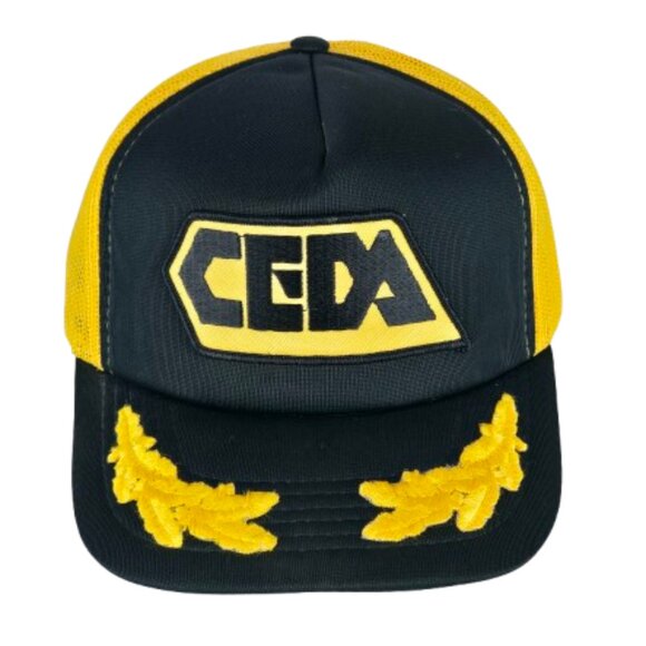 Vintage 70s 80s CEDA Snapback Trucker Hat Classic Cap Black Yellow Leaves - Picture 1 of 12
